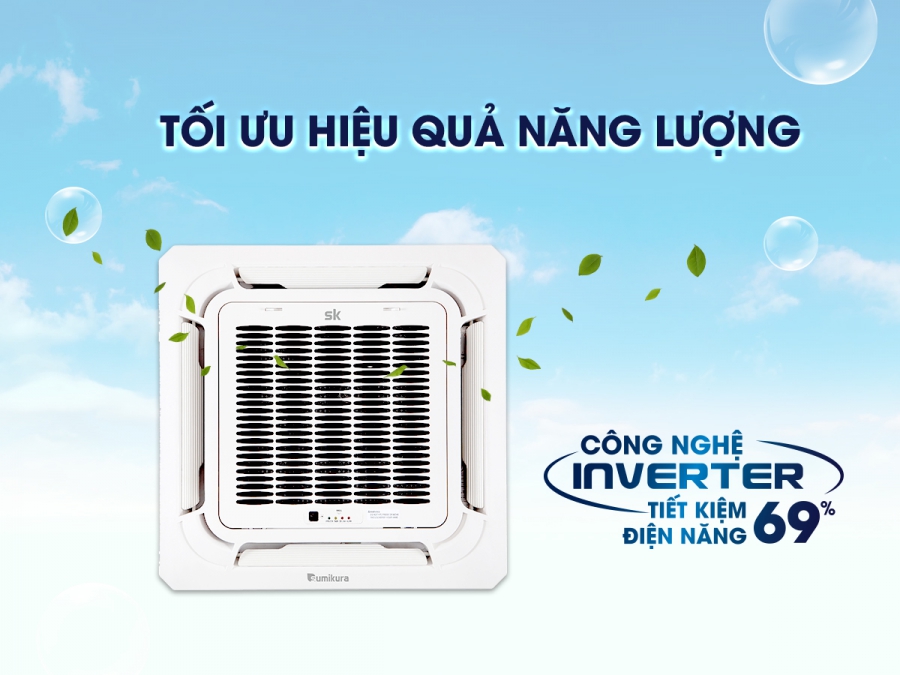 Điều hòa Cassette Inverter tiết kiệm điện năng lên đến 69% so với các dòng máy thông thường có cùng công suất làm lạnh